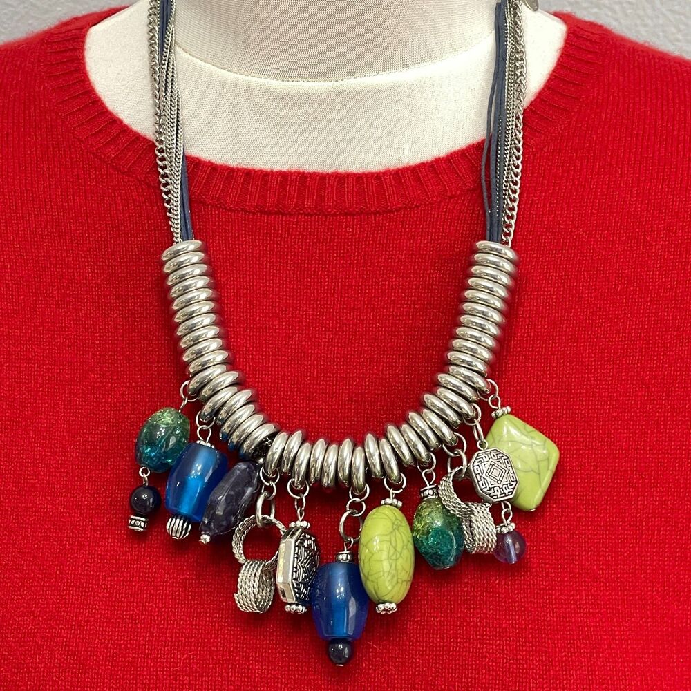Chico's Silver-tone Rings Chain‎ Blue Cord Green Purple Fashion Necklace